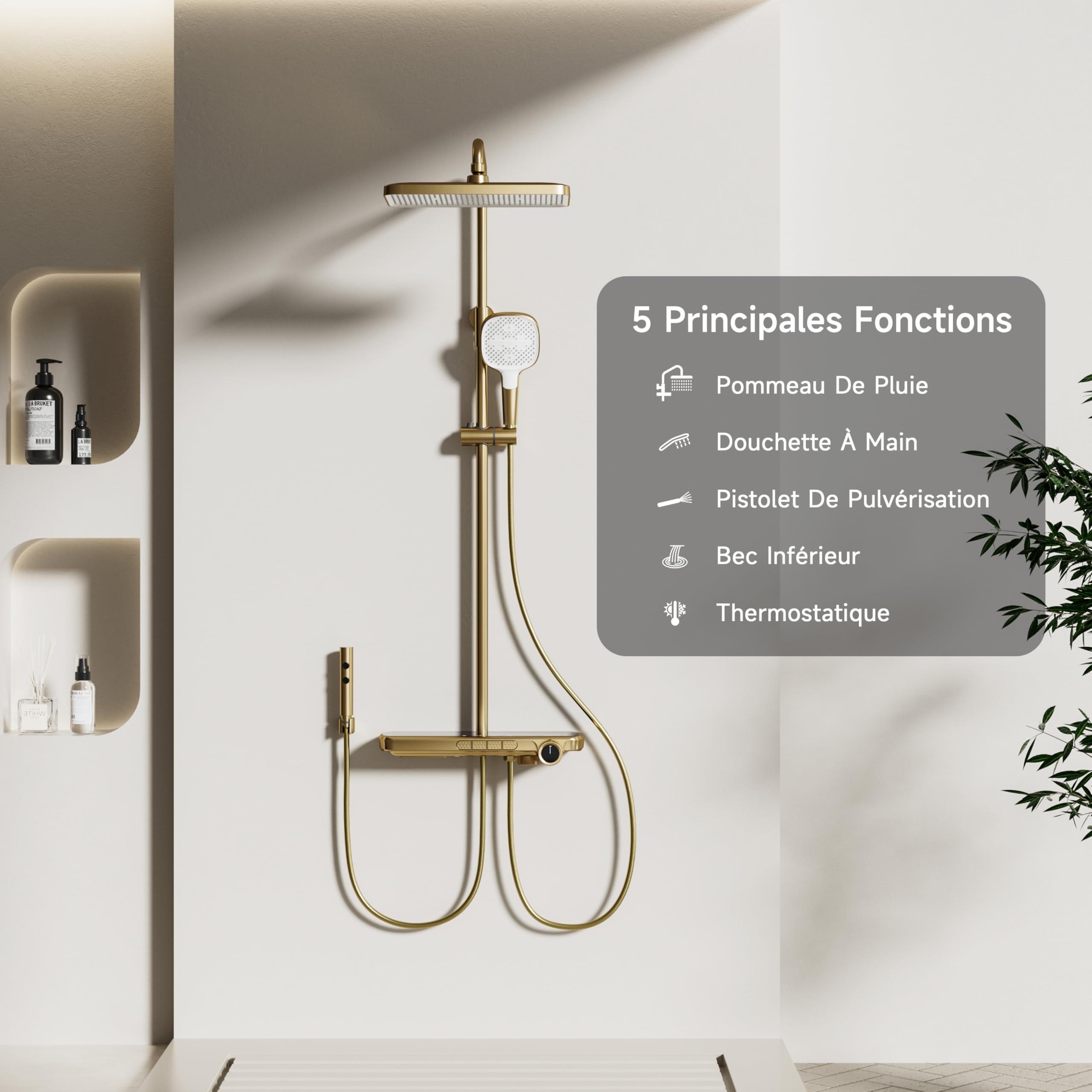Colonne de douche, or brossé, colonne de douche thermostatique | Système de douche à 4 fonctions avec une pomme de douche 350 × 220 mm, une douchette, un pistolet et une sortie d'eau basse