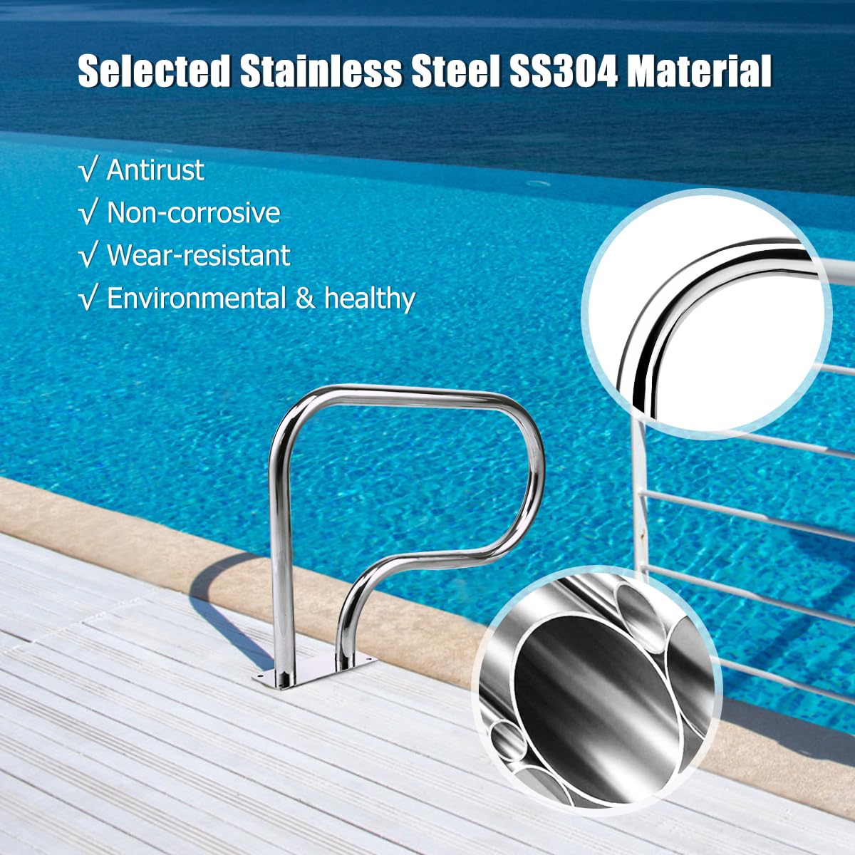 SOARS Pasamanos de Piscina de 81 x 57 cm, Barandilla Piscina de Diseño Curvo, Soporte para Piscina con Capacidad de Carga de 200 kg, ideal para Piscinas, Balnearios, Parques Acuáticos, SPA, 1 Pieza