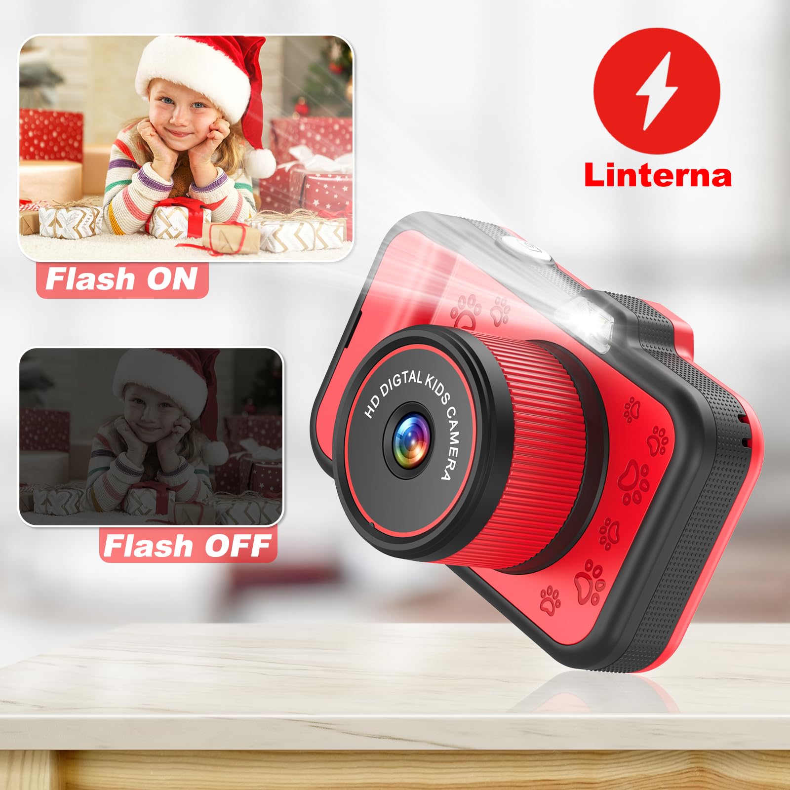 Camara Fotos Infantil, Pantalla Grande 3,5", Zoom Giratorio 360°, Camara Digital Video Niños 1080P HD con Selfie, Flash LED, Tarjeta SD 32G, Regalo para niñas y niños 3 4 5 6 7 8 9 10 11 12 años(Rojo)