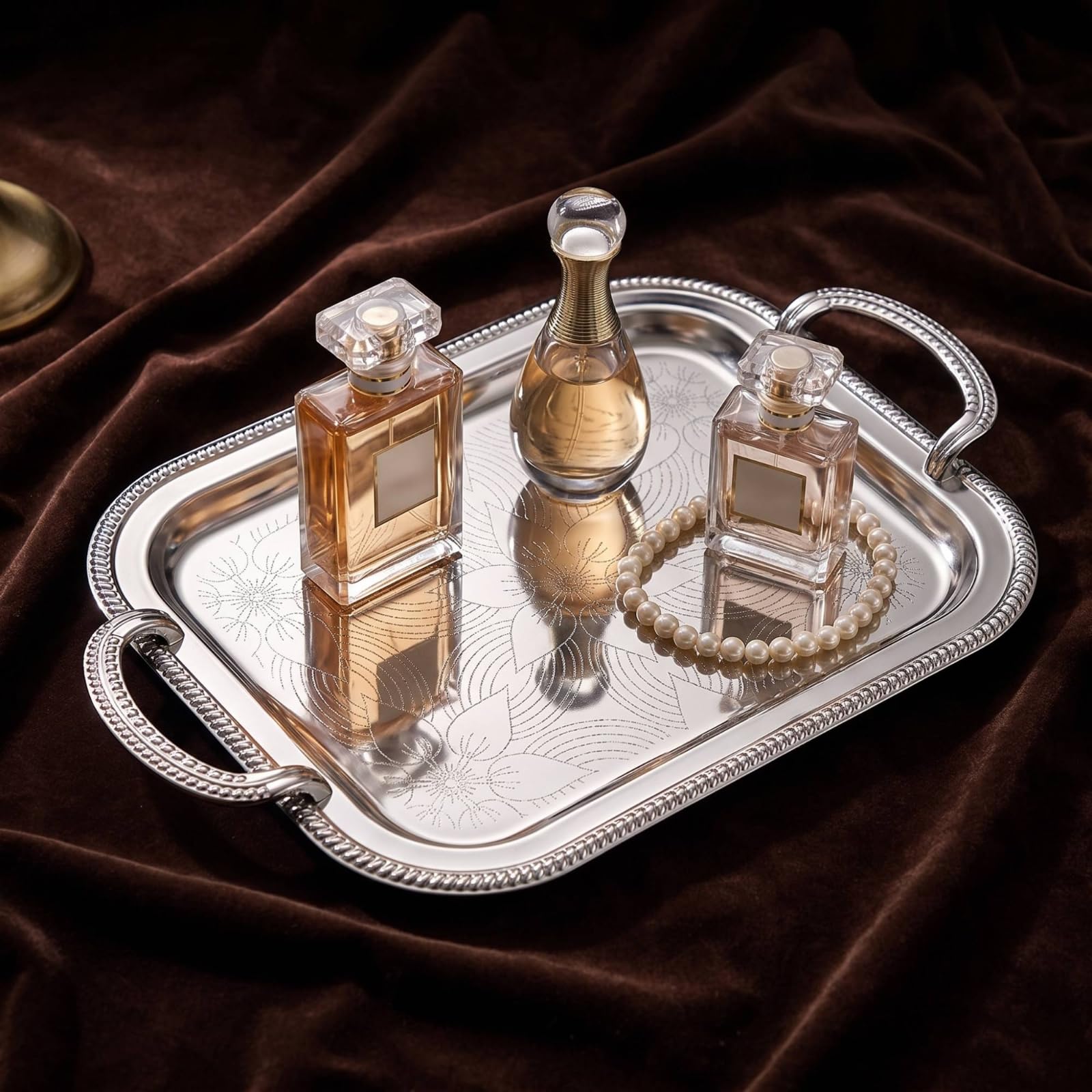 Baoblaze Bandeja Industrial Bandeja para Servir Bandeja Metálica Bandeja Rectangular Bandeja con Asas Hierro con Acabado Espejo y Diseño Grabado Adecuada para, Plata, Grande
