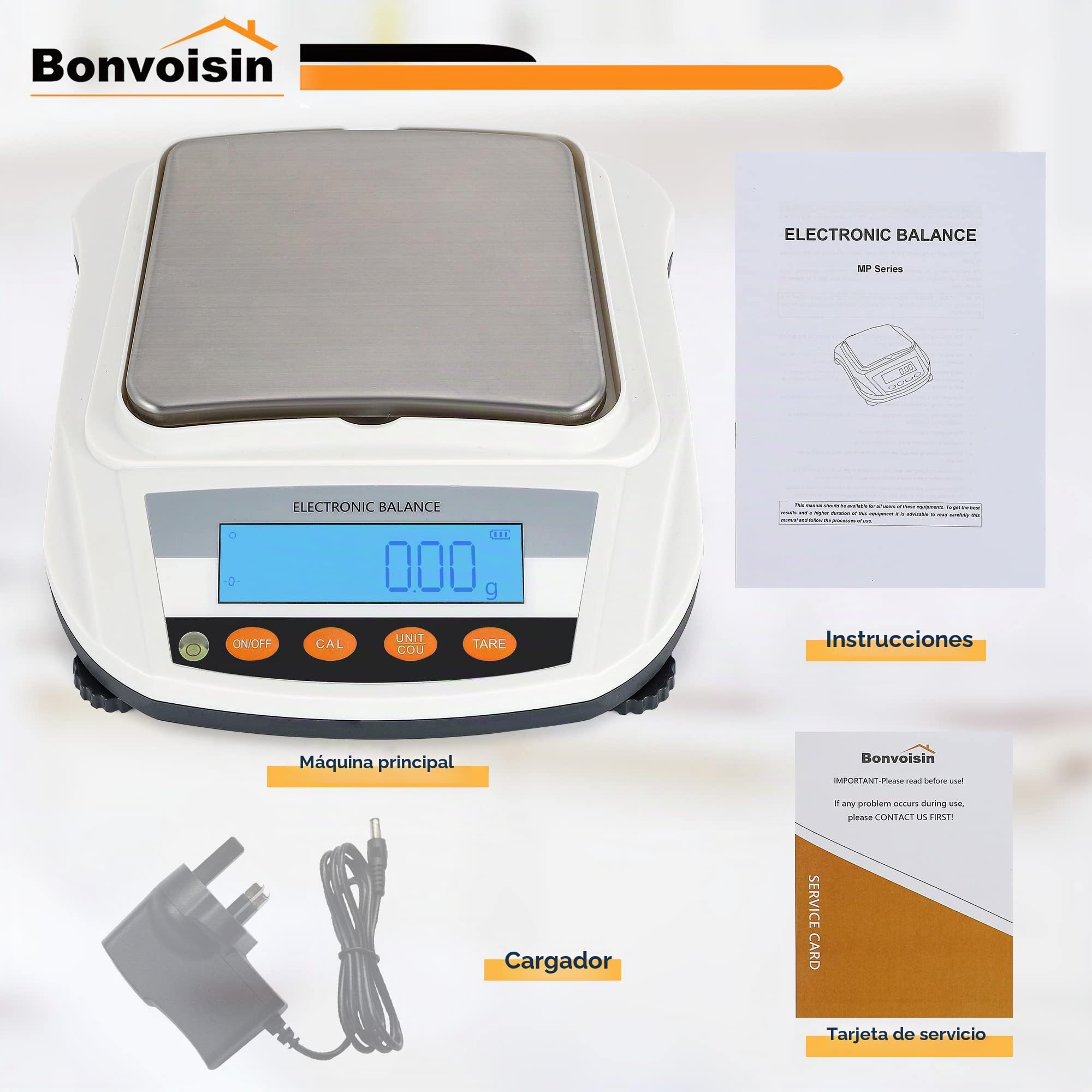 Bonvoisin Báscula Analítica de Laboratorio 3000g x 0.01g, Balanza Alta Precisión con 17 Unidades, Conteo & Auto-Calibración, Plato Acero Inox y Batería 32H, para Lab, Joyería, Uso Industrial