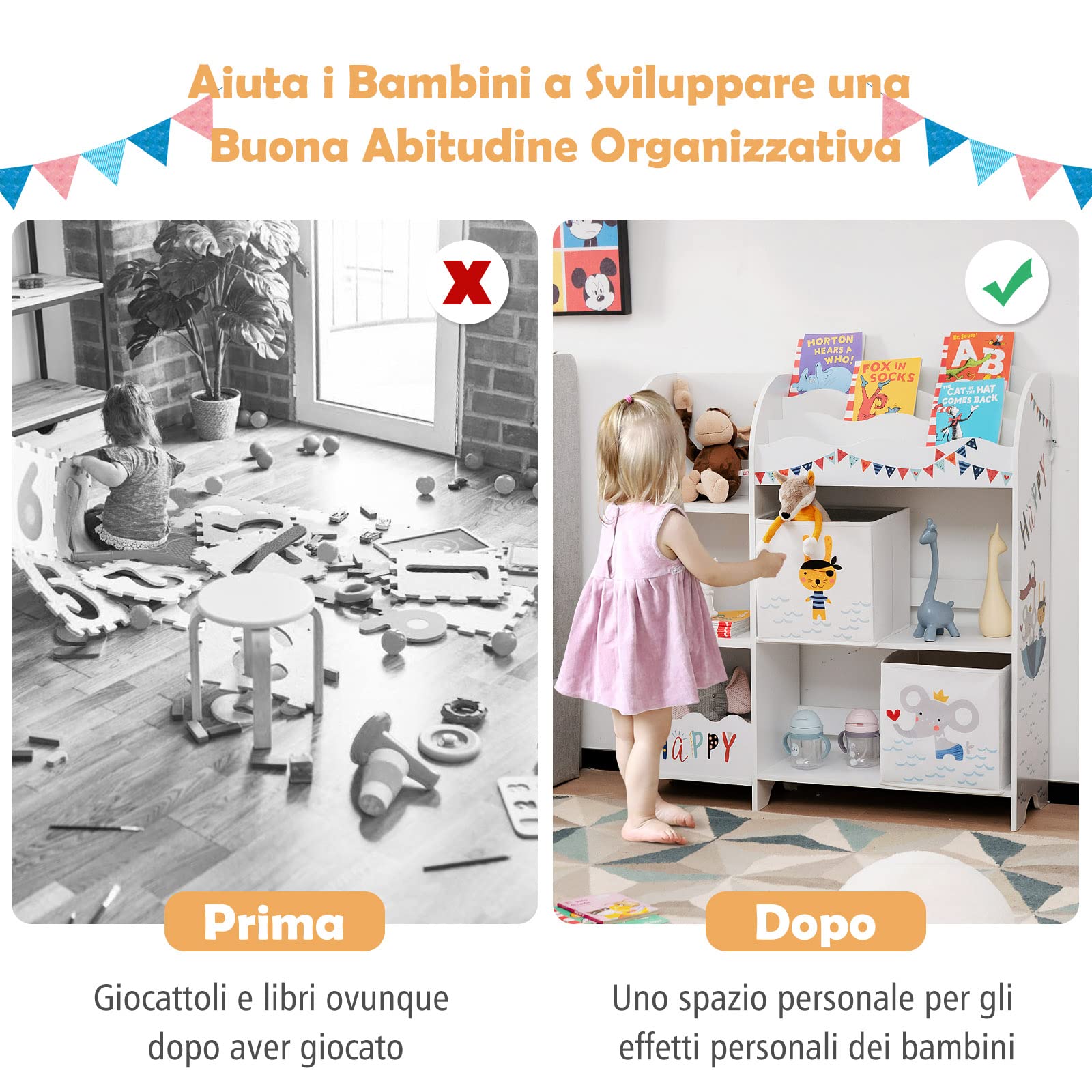 COSTWAY Armadio per Bambini, Scaffale di Legno con 3 Livelli e 5 Scompartimenti, 2 Cassetti in Tessuto e 3 Spazi per Giocattoli e Libri, Scaffale Verticale per Bambini, Bianco (Pirata Animale)
