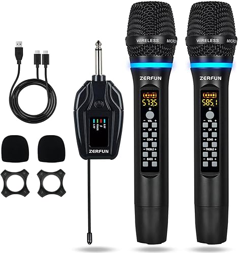 Micrófonos inalámbricos duales recargables, sistema de micrófono inalámbrico de metal UHF, micrófono inalámbrico profesional con Echo Treble BASS