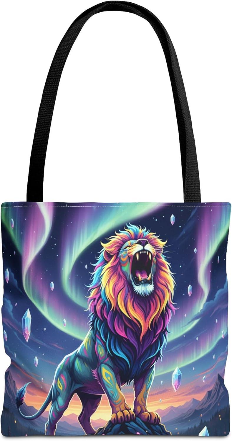 Premium Neon Lion Tote Bag with Reinforced Stitching Under Rainbow Aurora