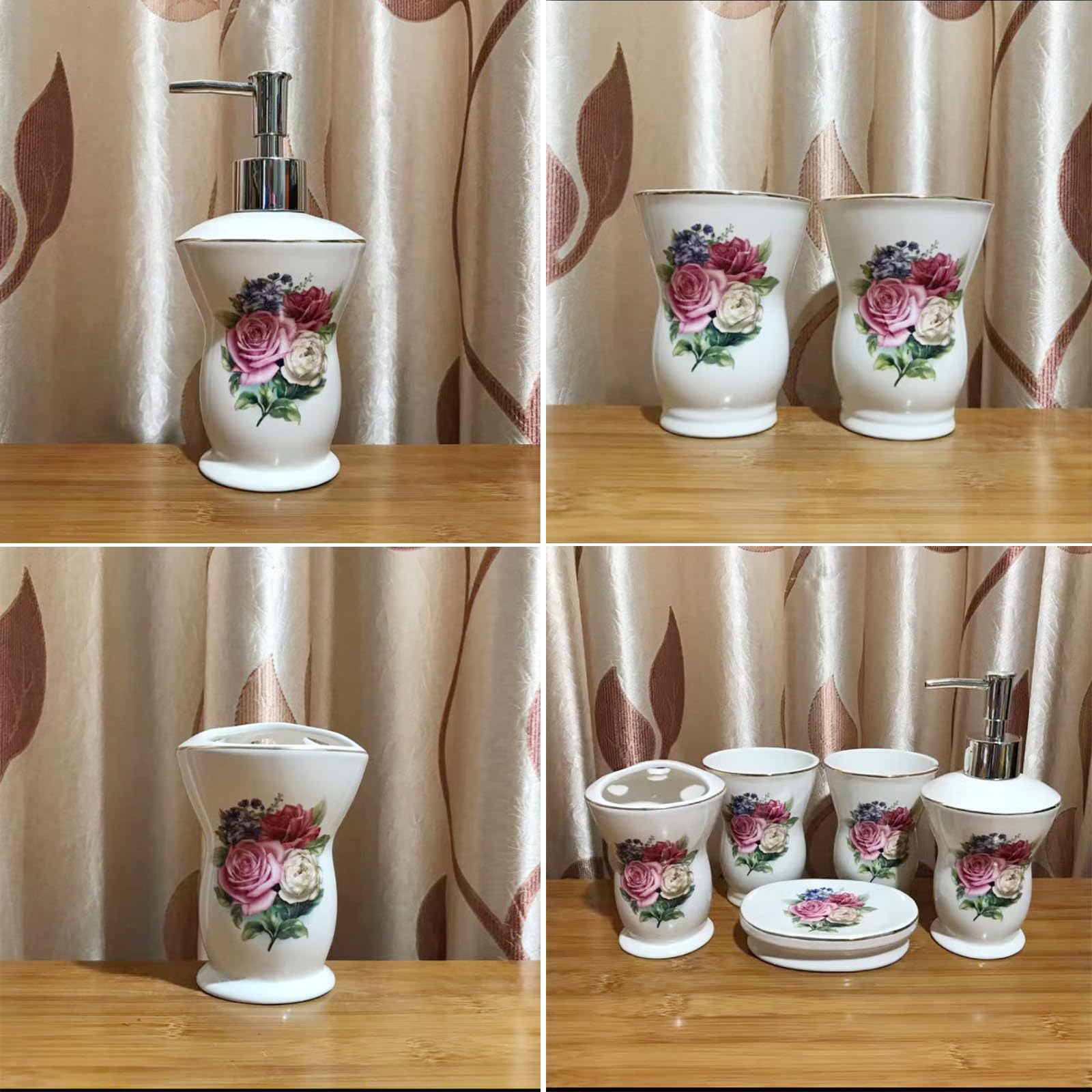 Set di accessori per il bagno in ceramica con fiore di rosa, 4 pezzi, inclusi 1 portaspazzolino, 1 tazza per spazzolini da denti per gargarismi, 1 portasapone, 1 dispenser per lozione