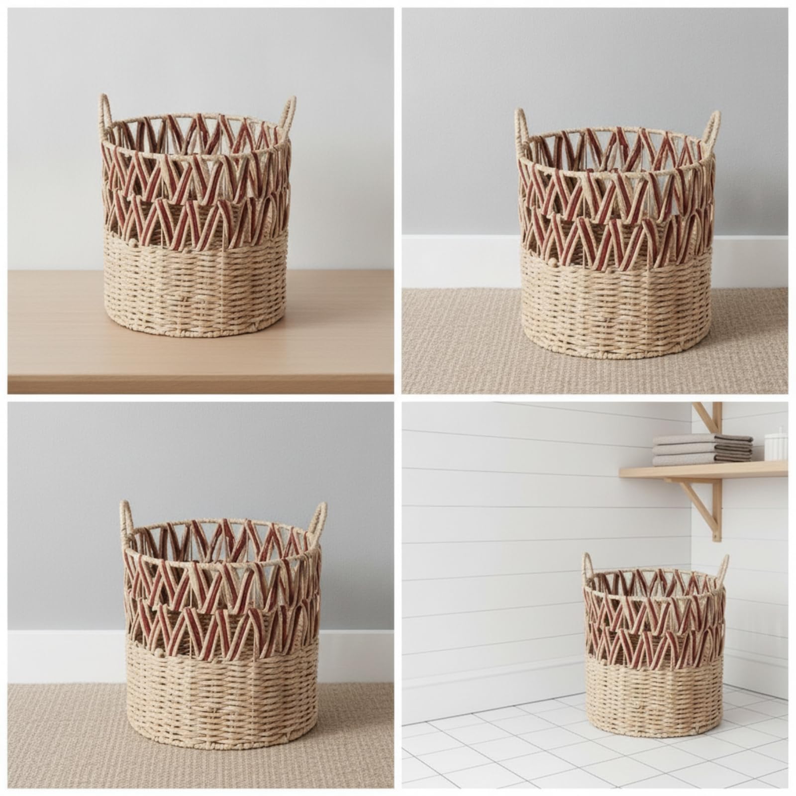 Amagogo Cesto Portabiancheria Cesto Contenitore Cesta Intrecciata Cesto Organizzatore in Rattan Naturale a Doppia Trama con Manici Ad Anello Adatto a Bagno Camera Soggiorno Ripostiglio, size to 3