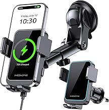 MOKPR Wireless Car Charger, 15W Car Phone Holder Wireless Charger Auto Clamping, Dashboard Windshield Air Vent Car Phone Holder for iPhone 16/15/14/13/12&Samsung S24/S23/S22, with LED Light (Black)
