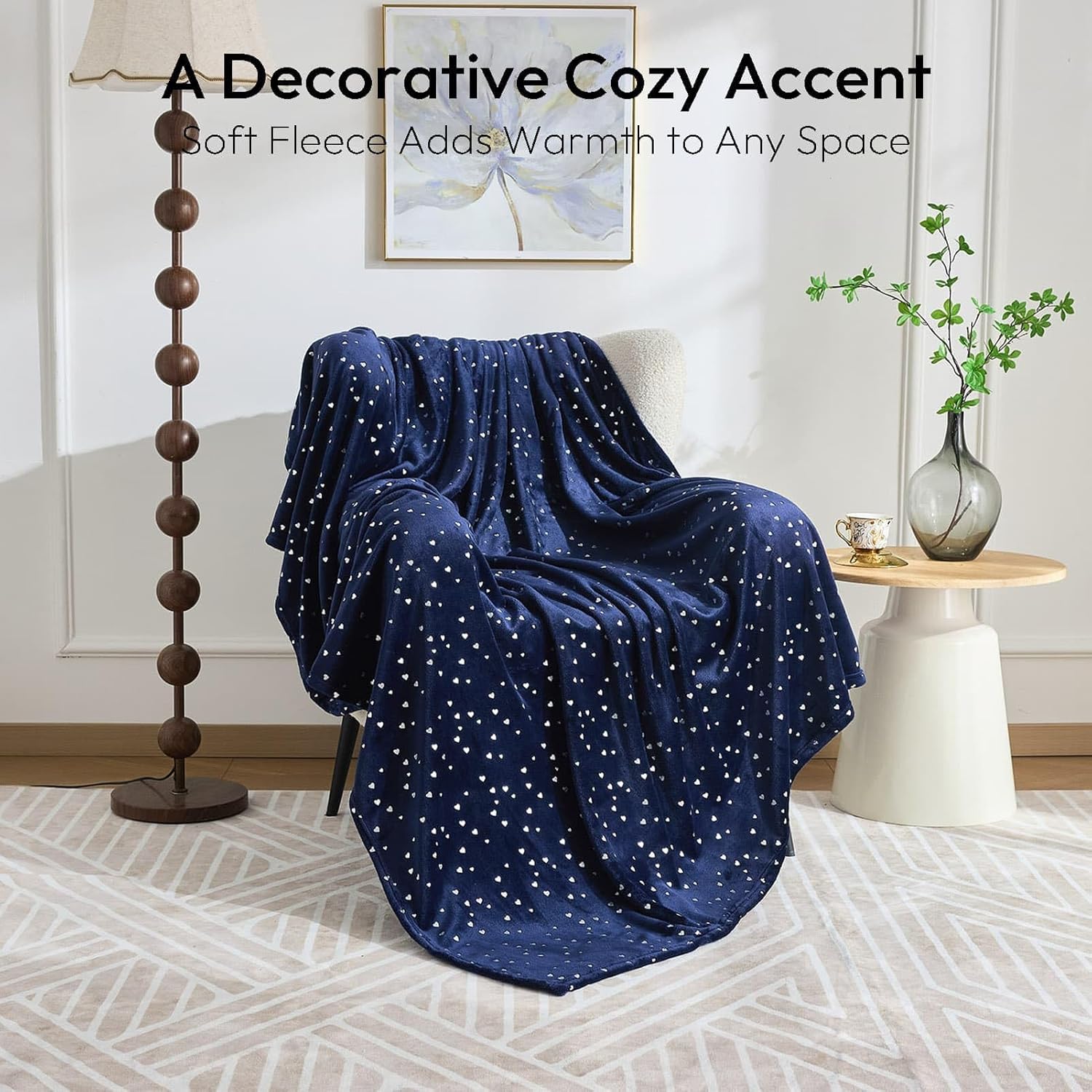NANPIPER Fleece Blanket Heart Foil Print, Soft Lightweight Microfibe, All Season Premium Fluffy Throw for Sofa/Couch, Twin Size 65"x80" Navy Blue