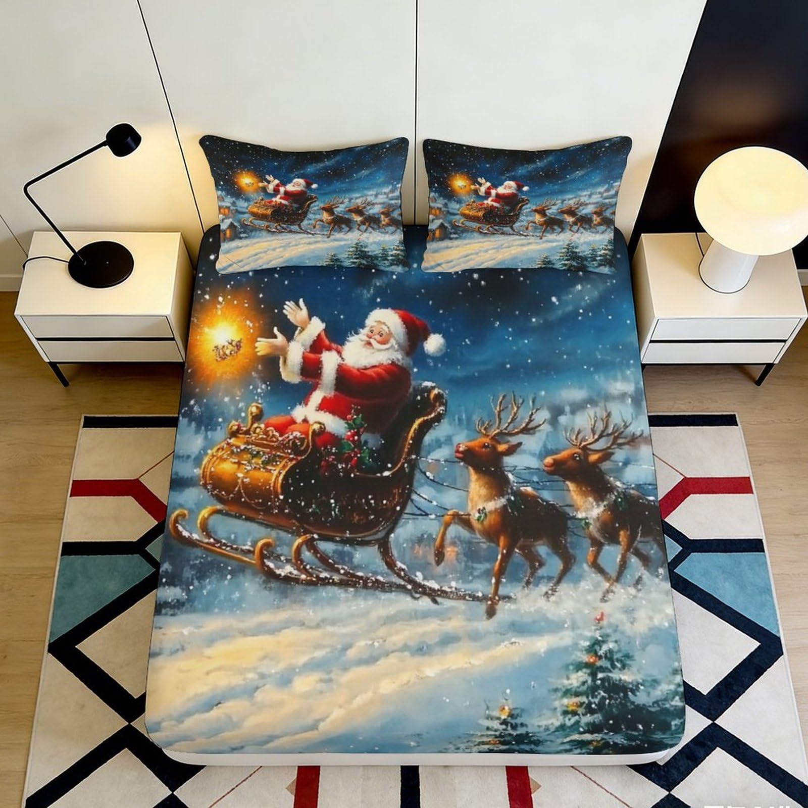 3D Printed Santa Reindeer Fitted Sheet Microfiber Deep Pocket Non-Slip Bedroom Bedding Xmas Mattress Fitted Cover for All Ages 200x200x25cm 90x200x25cm
