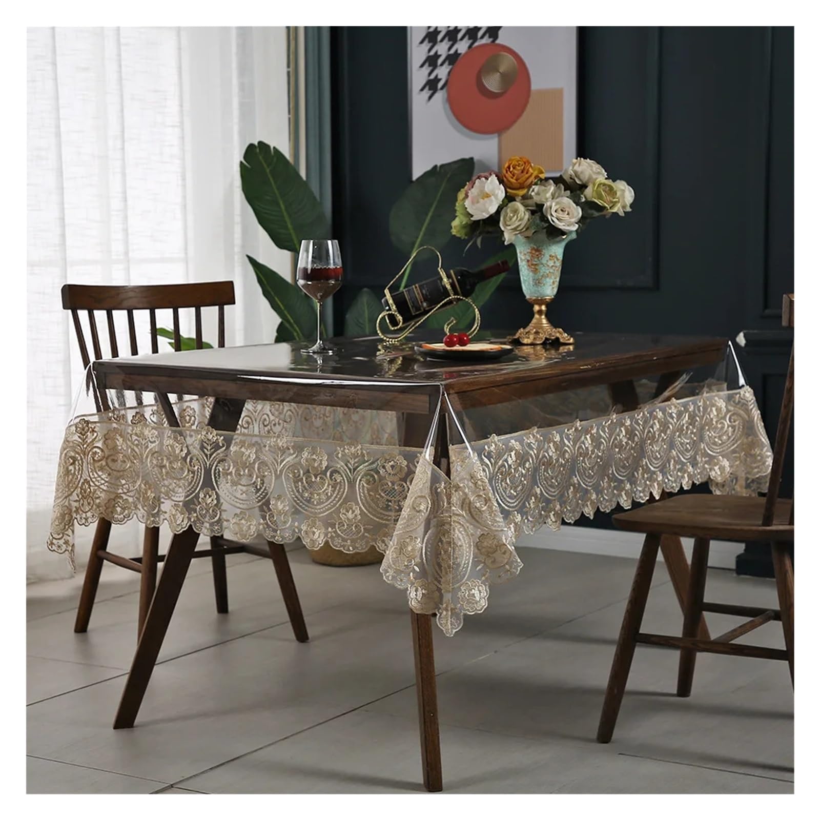 Clear Table Protector PVC Tablecloth Embroidery Lace Transparency Table Cloth Waterproof Oilproof Kitchen Dining Cover For Rectangular(80x80cm)