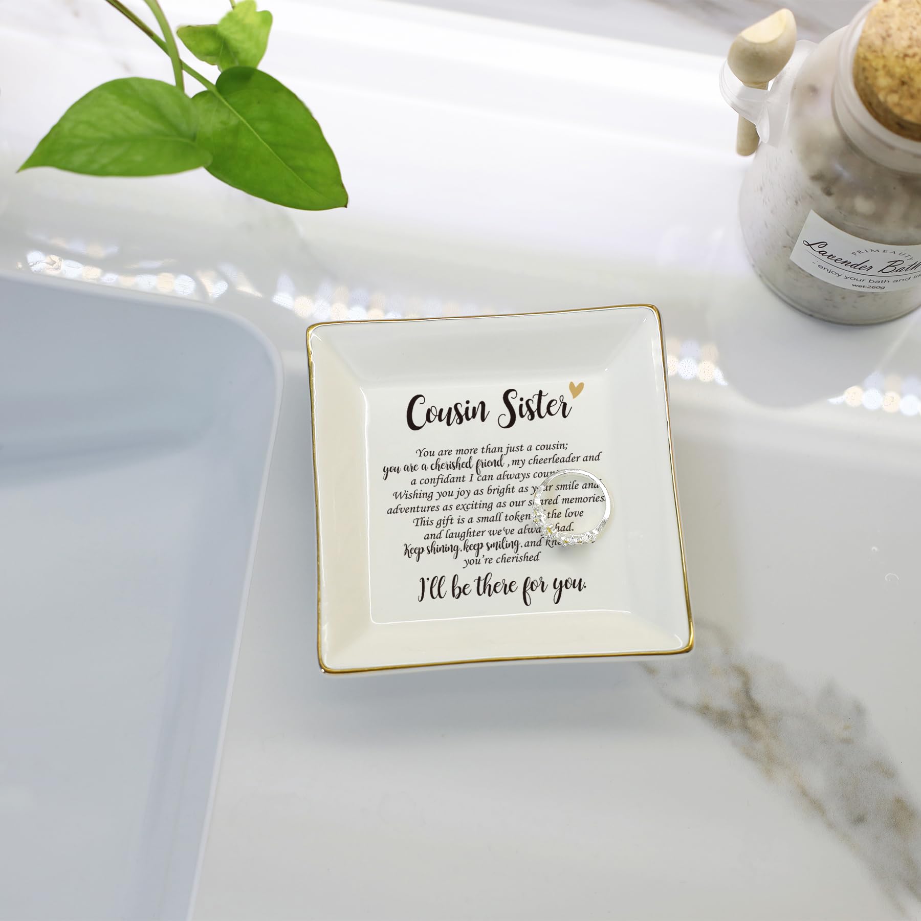 HOME SMILE Cousin Sister Gifts Mother's Day,Ceramic Ring Jewelry Dish Tray Plate for Birthday Graduation Christmas Wedding-You are More Than Just a Cousin,You Are a Chrished Friend
