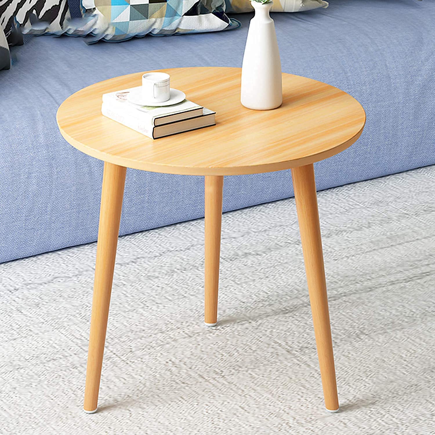 Table de chevet nordique ronde en bois massif avec deux étagères couleur C