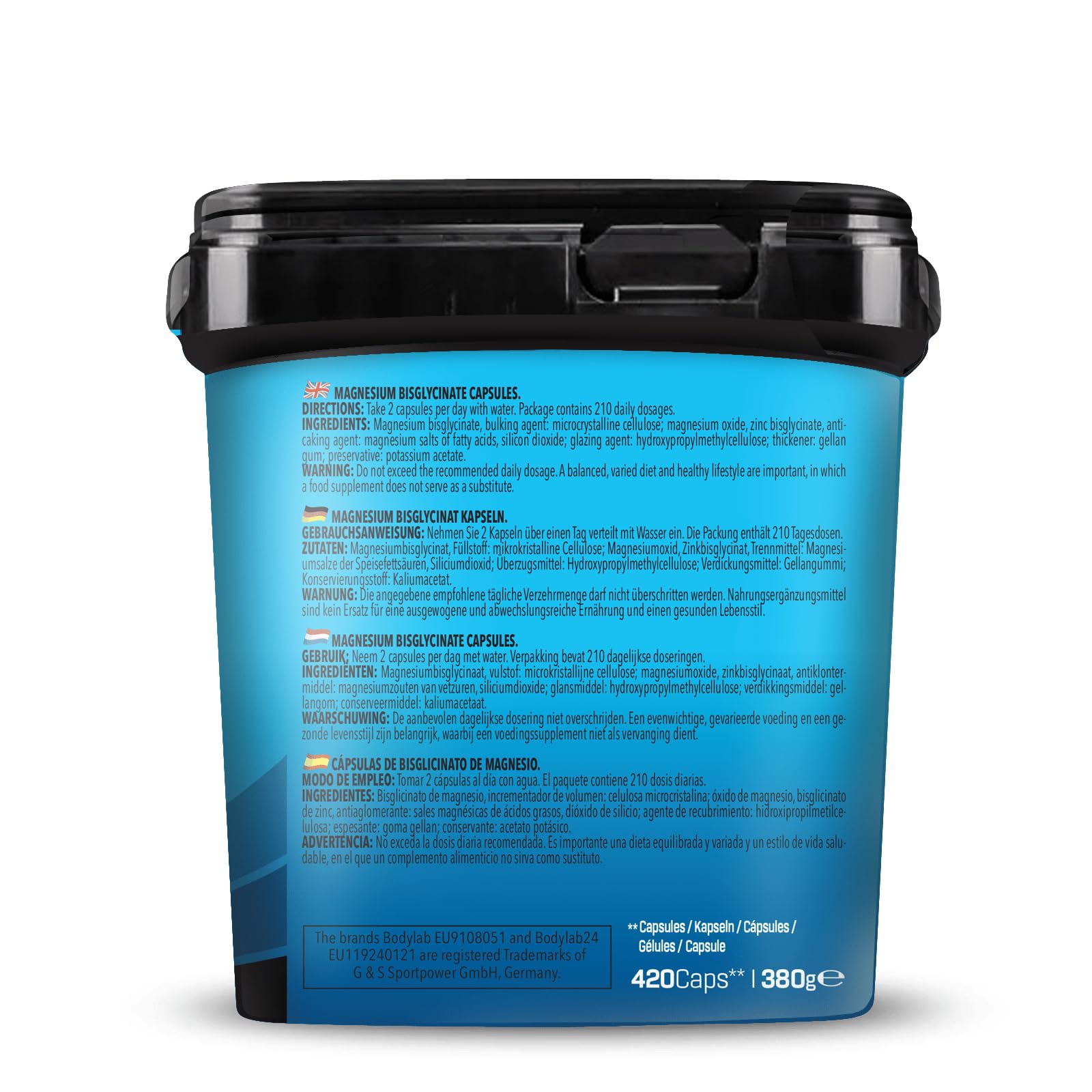 Bodylab24 BIG PACK Magnesium Bisglycinate 420 Kapseln, hochdosiertes Magnesium mit 300mg je Tagesdosis, Magnesiumbisglycinat-Komplex mit hoher Bioverfügbarkeit, ideal für Sportler
