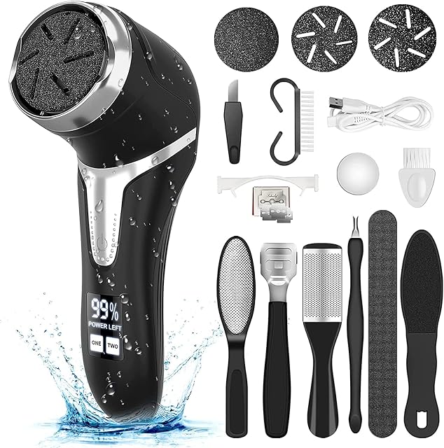 Electric Foot File, VXDOIRK Rechargeable Waterproof Hard Skin Remover Foot with 3 Rollers and 2 Speeds, Foot Files for Hard Skin and Dead Skin