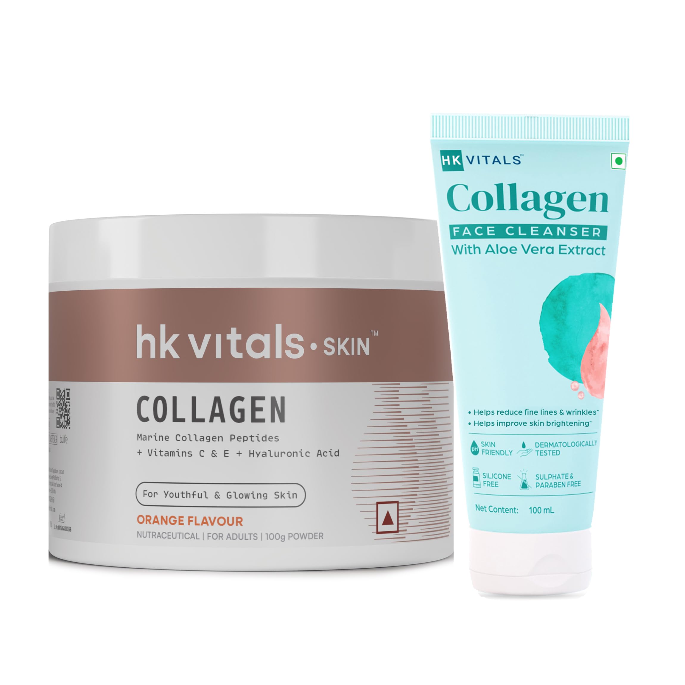 HealthKart HK Vitals Skin Radiance Collagen Powder with Biotin, Marine Collagen (Orange, 100 g) with Collagen Face Cleanser with Aloe Vera Extract, All Skin Types, 100 ml