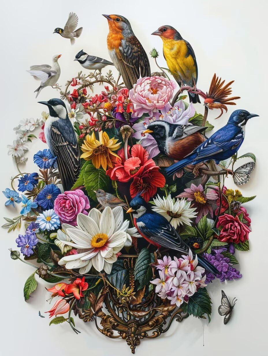 Pintar por números adultos de pájaro y plantas: pintura acrílica sin marco de 60x80cm 8