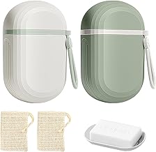 Portable Travel Soap Box, 2 Pieces Waterproof Soap Dish Removable Plastic Soap Dish with Lid and Soap Bag for Bathroom, Gym, Camping, School (Pink+Green)