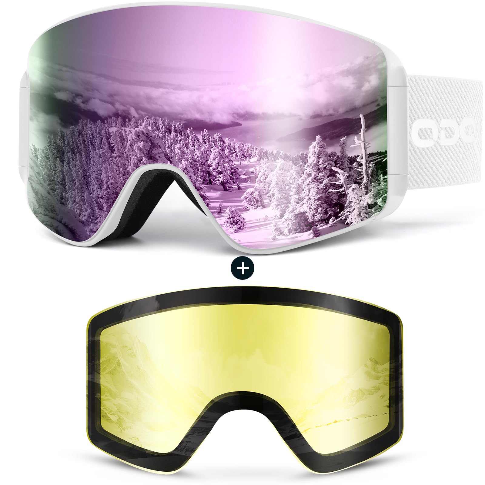 Odoland Kit di Maschera da sci con Lente Rimovibile, Lenti Intercambiabili Magnetico Senza Cornice, Occhiali da Sci Anti-nebbia con Protezione UV400, per Uomini e Donne, Compatibile con Casco