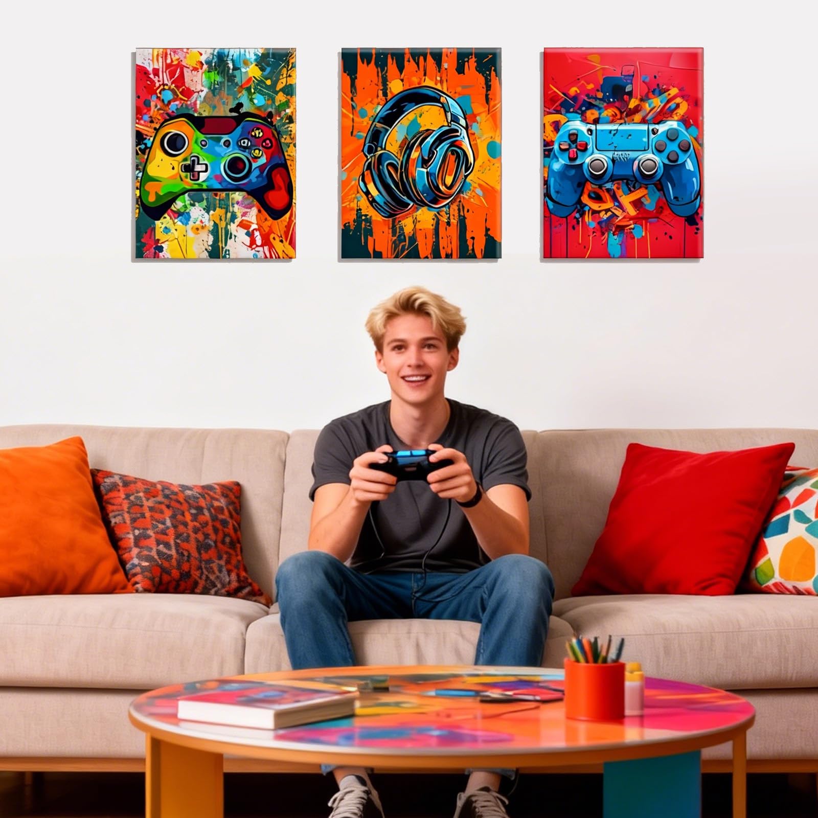 3 Pcs Graffiti Gaming Posters Set, Gamepad and Headphone Patterned Gaming Canvas Wall Art for Teen, Boys, Gamer, Cool Gaming Posters for Bedroom Boys, Men Cave, Game Room Decor 12 x16 in Unframed 3