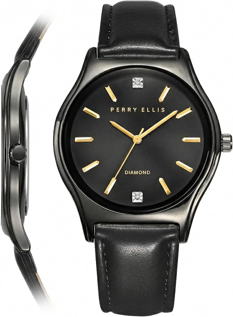 Perry Ellis Ultra Slim Diamond Men’s Watch – Blue Sunray Dial, Silver Leather Strap, Water-Resistant Analog