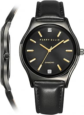 Perry Ellis Ultra Slim Diamond Mens Watch Blue Sunray Dial, Silver Leather Strap, Water-Resistant Analog