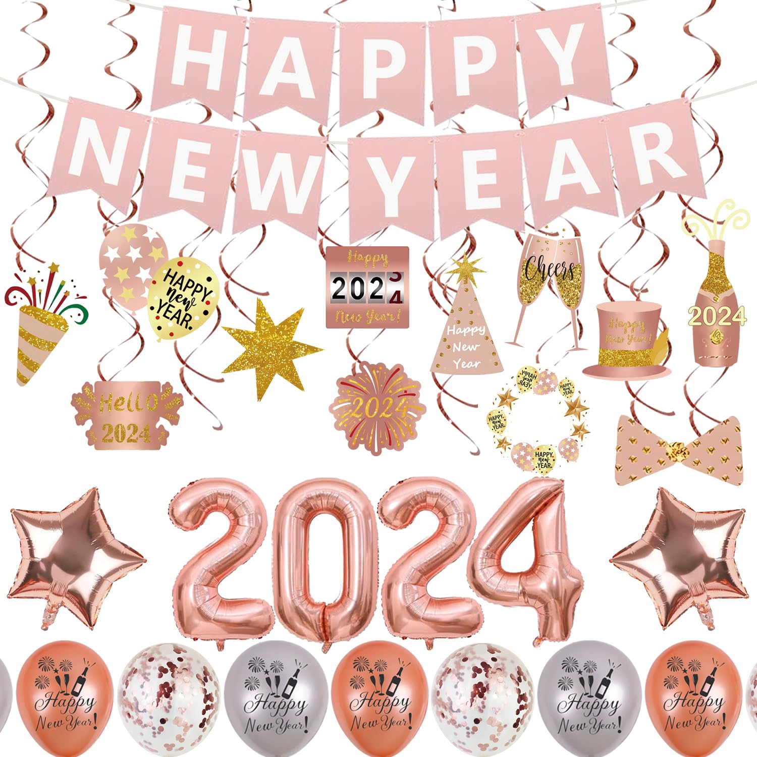 Happy New Year Party Decorations 2024, New Years Eve Decorations, Happy New Year Balloons 2024, Happy New Year Banner, Rose Gold Happy New Year Decorations for New Year Eve Party 2024