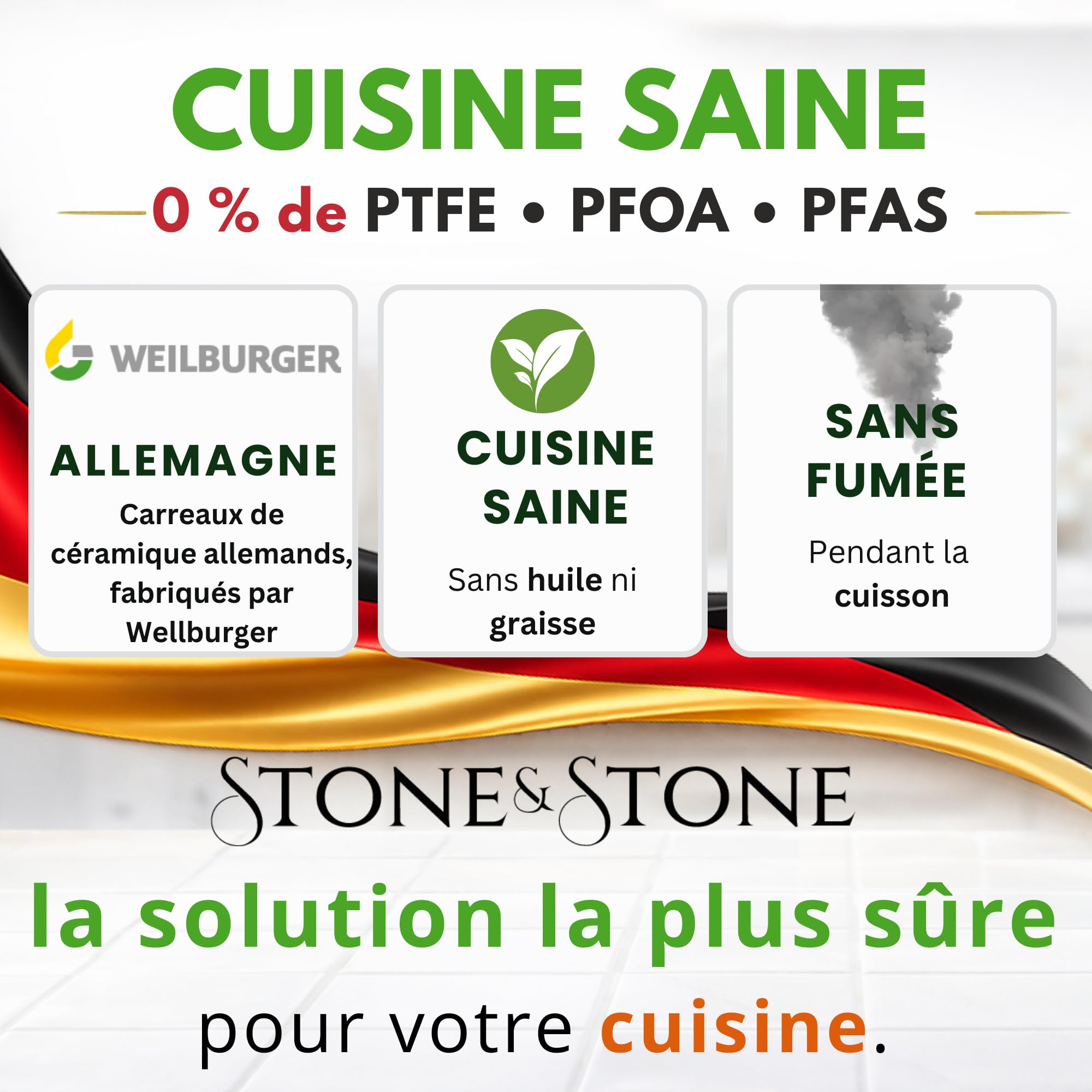Stone&Stone Poêle Grill Induction 28 cm Carrée Antiadhésive avec Manche Amovible, Revêtement Céramique Allemand, Fond Acier Plein, Compatible Gaz et Four, Sans PFAS, PFOA et PTFE