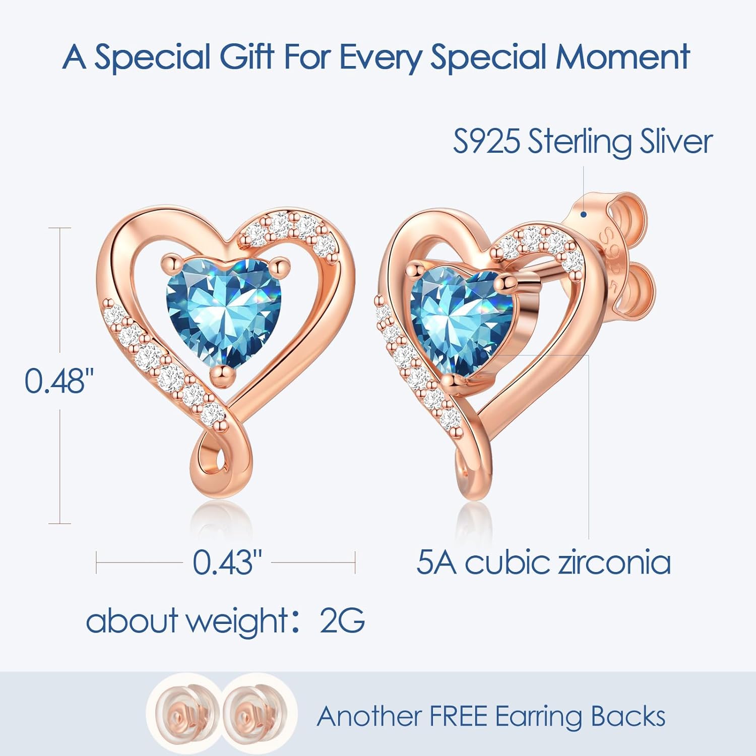 Earrings for Women, S925 Sterling Silver Rose Gold Birthstone Heart Studs Earring for Girlfriend Wife, Anniversary Birthday Christmas Valentines Mothers Day Gifts Jewelry for Women Wife Her Mom - Image 4