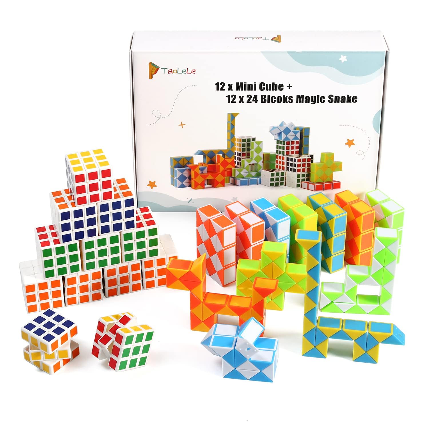 Taolele 24 Pack Party Puzzle Toy, 12 Pack Mini Maze Speed Cube and 12 Pack 24 Blocks Magic Snake Cubes Twist Puzzle Educational Toys for Girls and Boys for Party Favours Party Bag Fillers