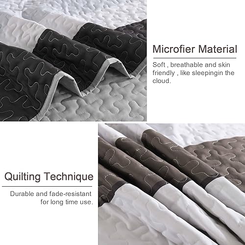 Miniatura 5 de Juego de edredón gris tamaño King, colcha de cultivo bohemio de verano a rayas, juego de ropa de cama de microfibra bohemia de 3 piezas, colcha