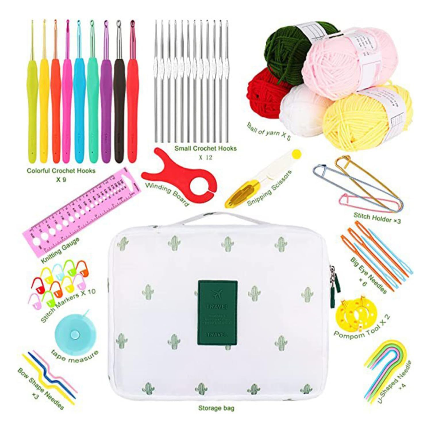 Tusmad Crochet Kit for Beginners Adults – 107 Pcs Starter Crochet & Knitting Kit with Yarn, Hooks, Stitch Markers & Accessories, Complete Crochet Set in Cactus White Storage Bag 1
