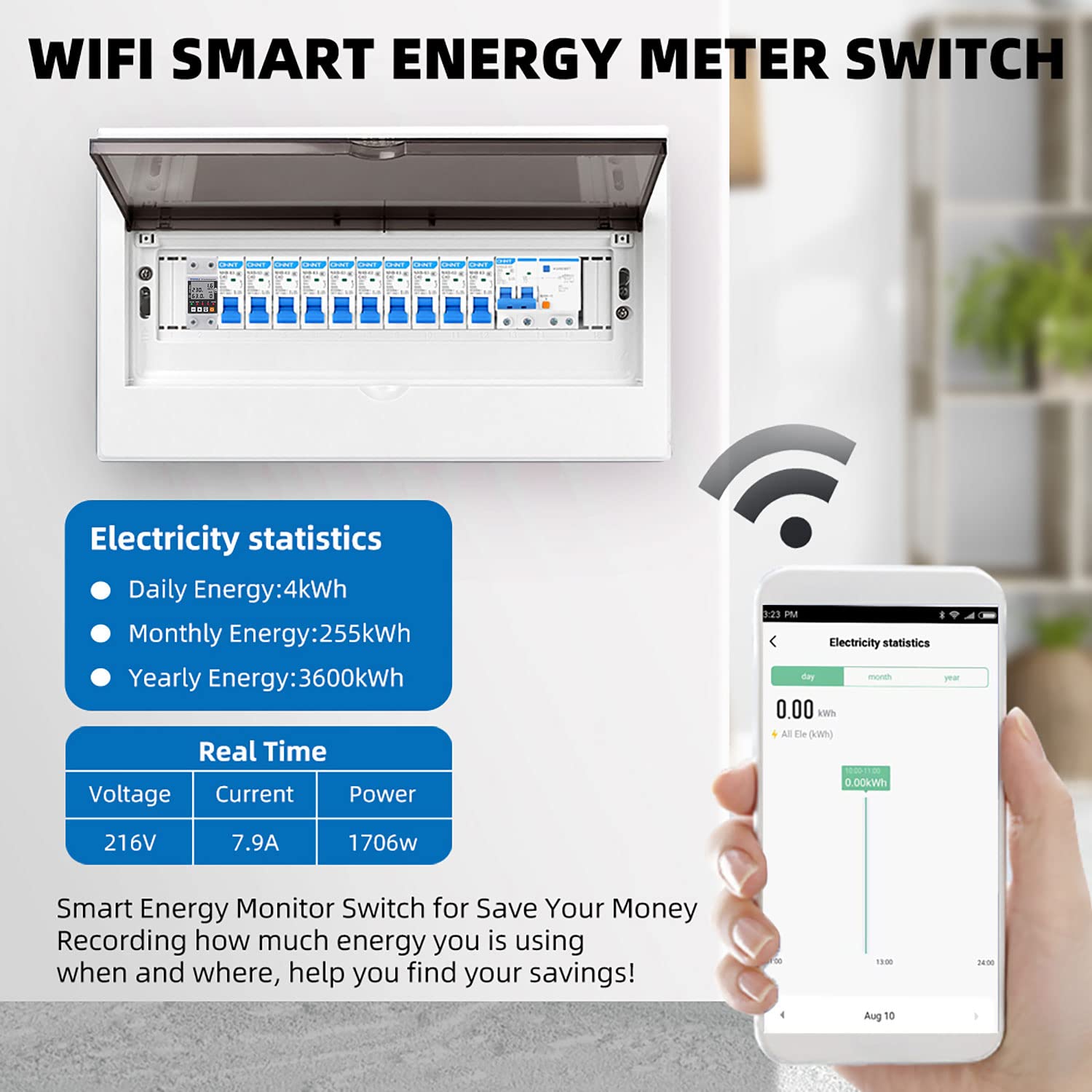 Contatore di energia intelligente Wi-Fi CA 63A 80-300V Protezione contro le perdite di terra intelligenti da sottotensione Relè Dispositivo Interruttore Energia 230V Smart Life APP (Nero)