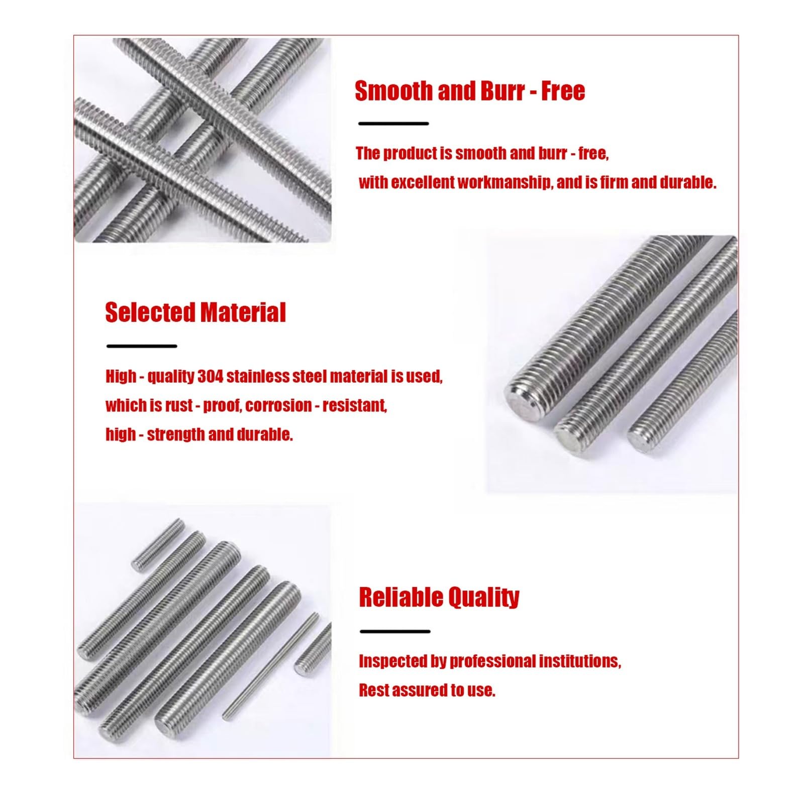 Varilla roscada de acero inoxidable 304, rosca derecha, M3, M4, M5, M6 y M8, paso de rosca de 0,5 a 1,25 for fijación de muebles.(M6x1x300mm 10pcs)