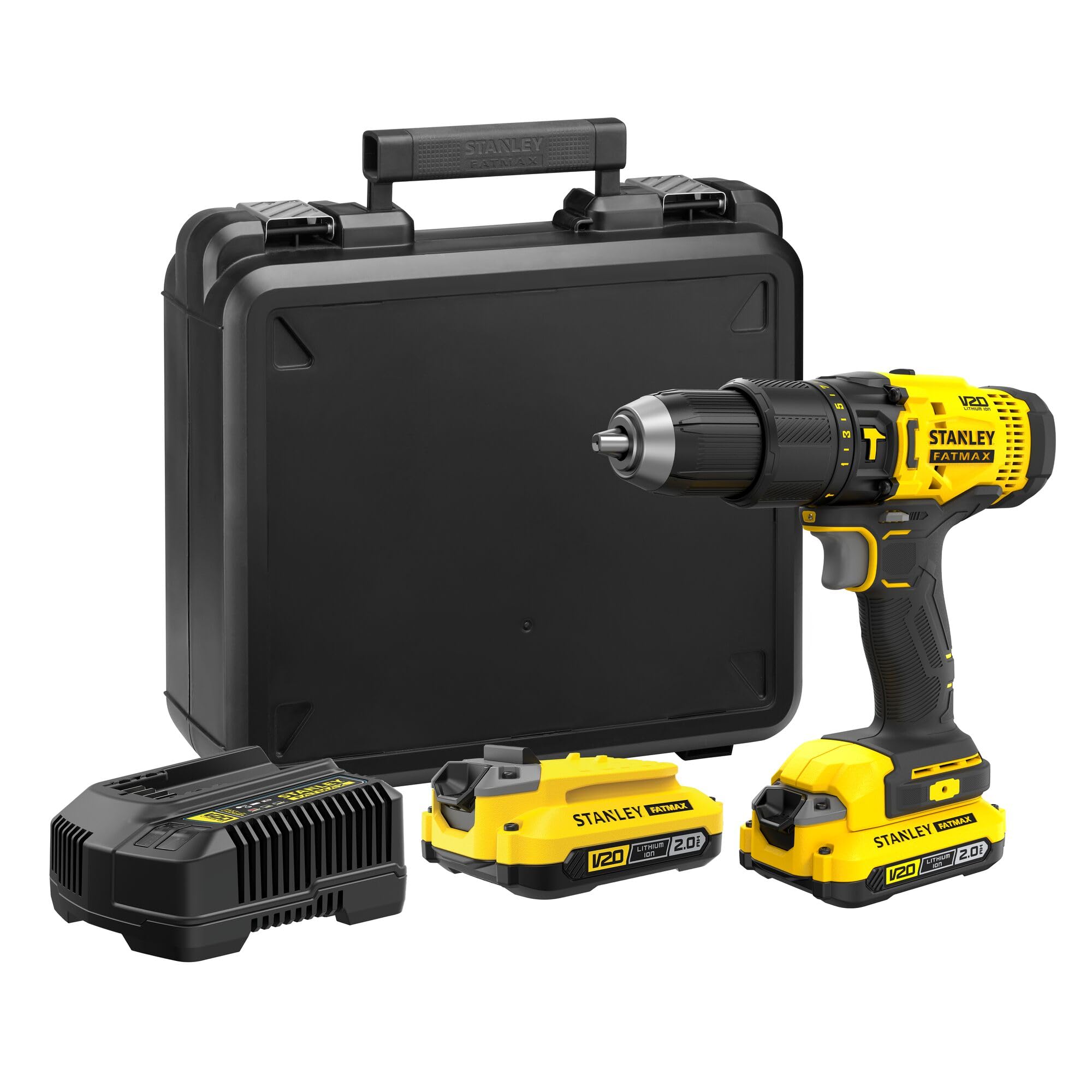 STANLEY FATMAX 18 V SFMCD711D2K-QW akumulatorowa wiertarko-wkrętarka udarowa (2-biegowa przekładnia, maks. moment obrotowy 50 Nm, światło LED, w zestawie 2 x akumulatory 18 V/2 Ah, ładowarka, walizka)