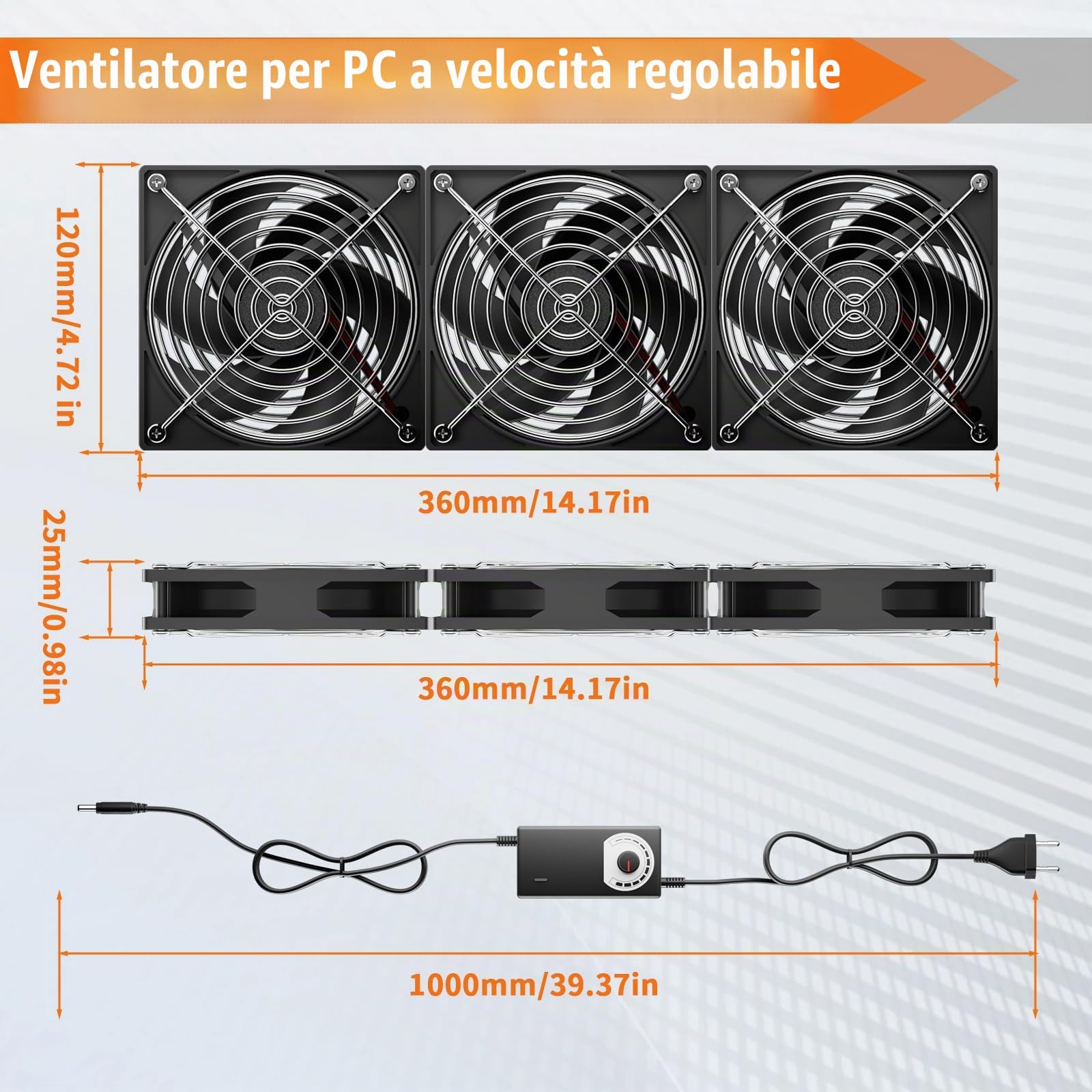 3 ventole per PC da 120 mm, 12 V, velocità del vento regolabile, ventola per PC, ventola AC 220 V-240 V, 2700 giri/min, ventole per PC portatile per router, laptop, TV Box, ventole doppie