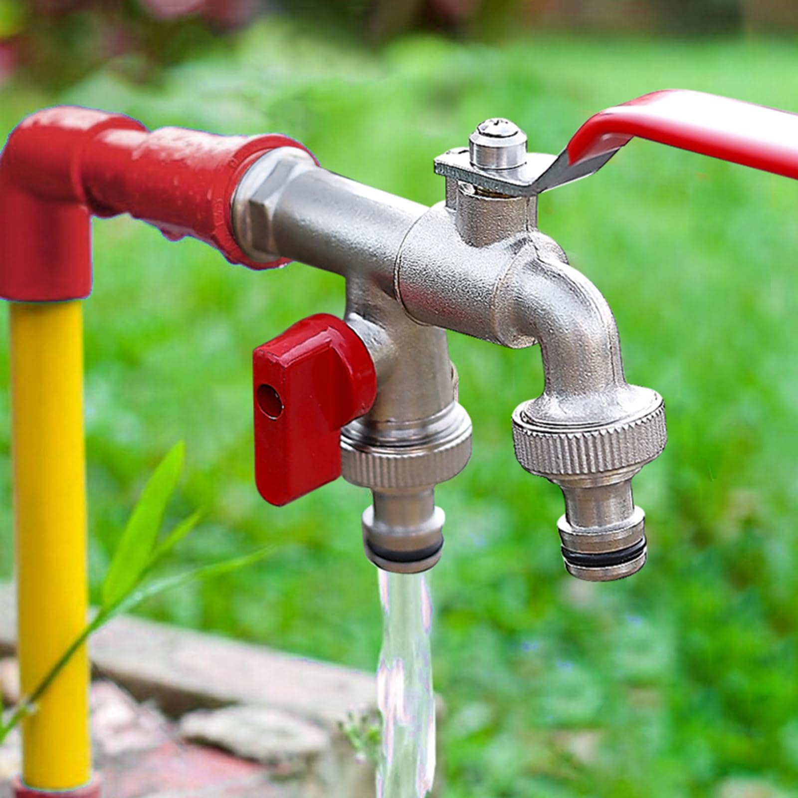 Rubinetto da Esterno Valvola A Sfera in Ottone con Rubinetto A Doppia Uscita da Giardino da 1/2 Pollice Resistente Al Gelo per Uso Domestico E All'Aperto,Rosso Cromo