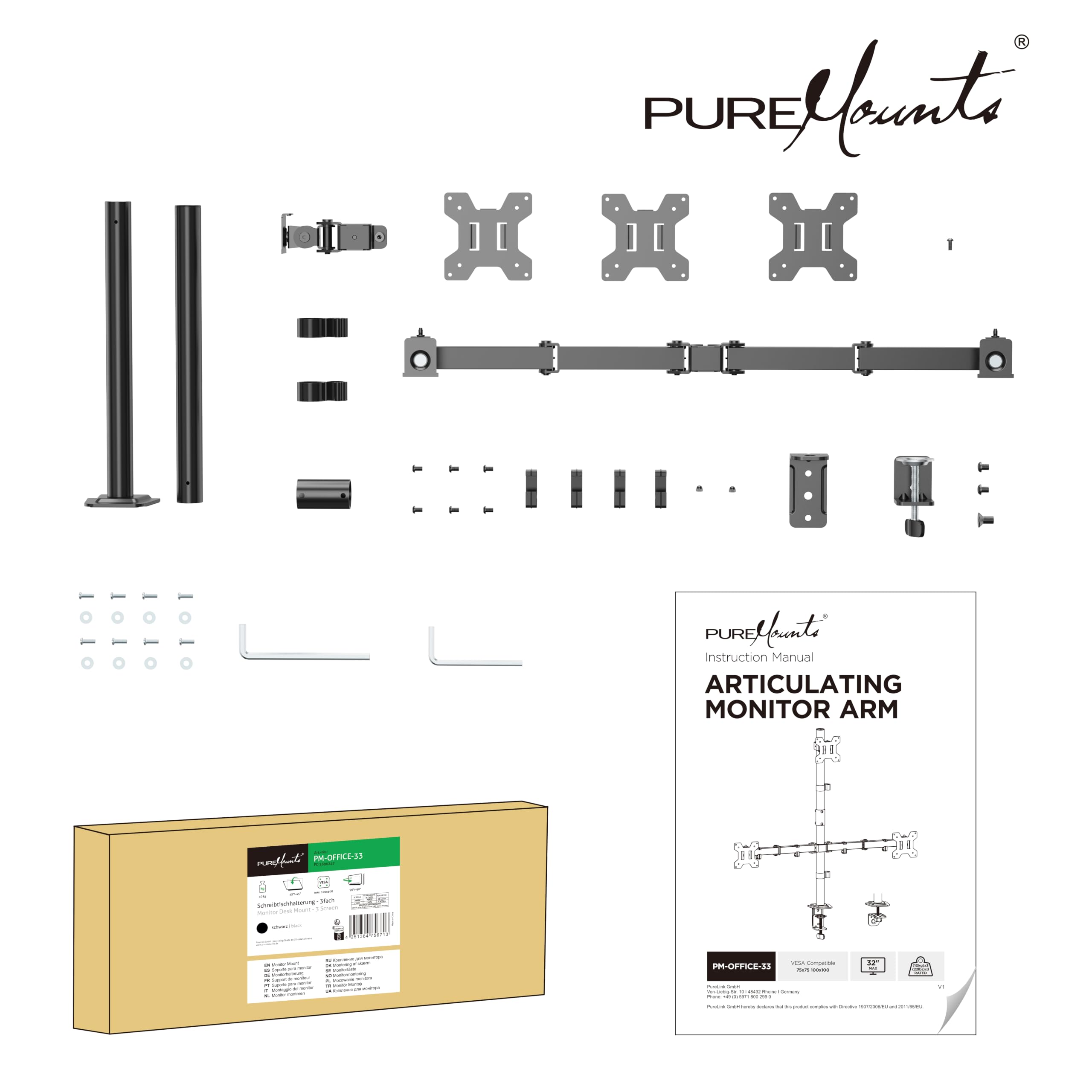 PureMounts Support Triple écran superposé 17-32 Pouces, VESA 75/100