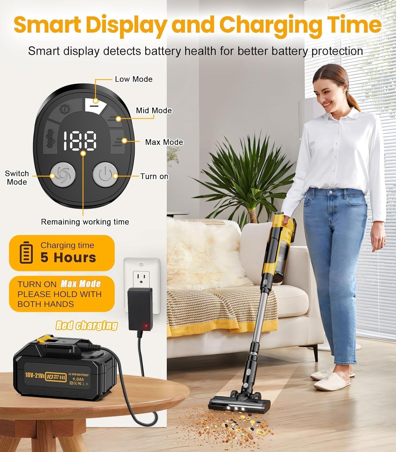 qimedo 8000mAh Cordless Vacuum Cleaner with 2 Batteries, 700W Powerful Suction, 90 photo 7