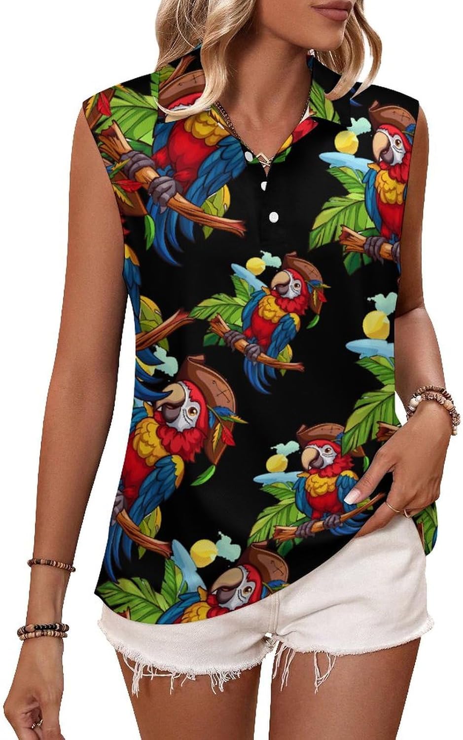 Parrots Bird Womens Golf Shirts Print Polo Shirt Sleeveless Tank Top Casual Work Blouses