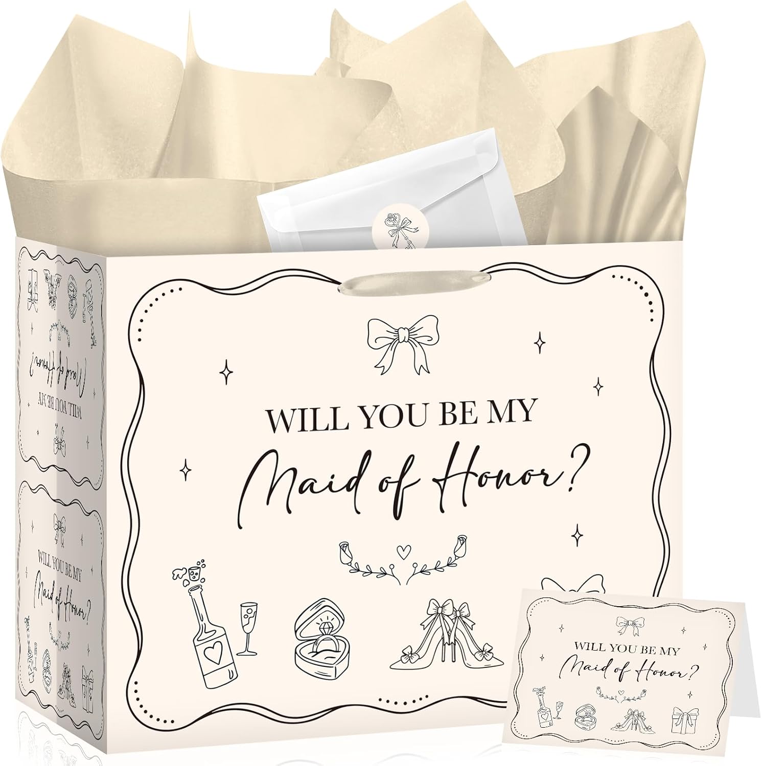 Joviwrap Maid of Honor Gift Bag Set for Bridesmaids, Wedding Proposal Gift Bag with Tissue Paper Card Envelope Sticker, Elegant Bridal Party Invitation Present Wrap Supplies for Wedding Bridal Shower