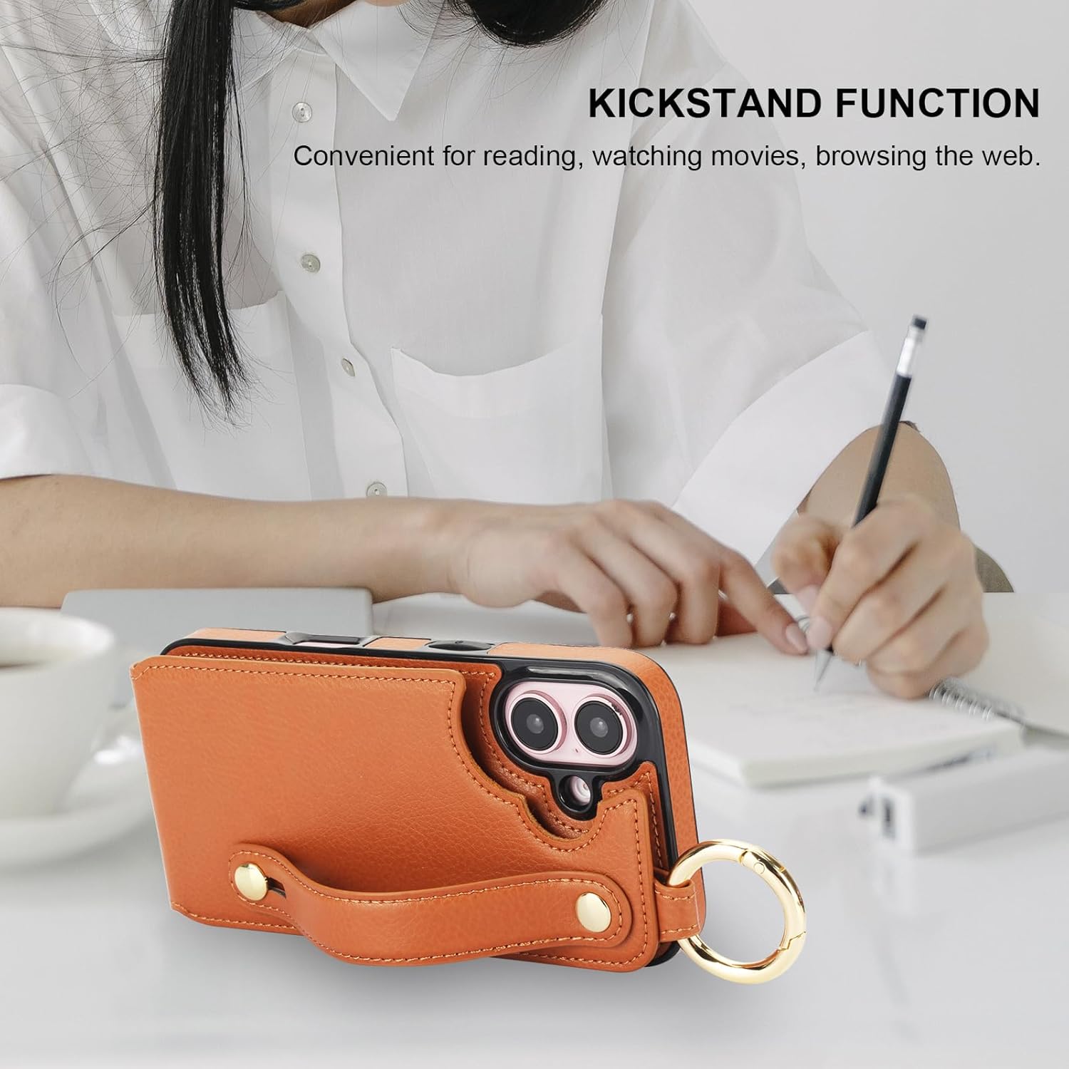 Folosu for iPhone 16 Wallet Case with Card Holder, Hand Wrist Strap Loop Holder Kickstand, RFID Blocking Finger Grip Ring PU Leather Double Buttons Shockproof Cover 6.1" Brown - Image 6