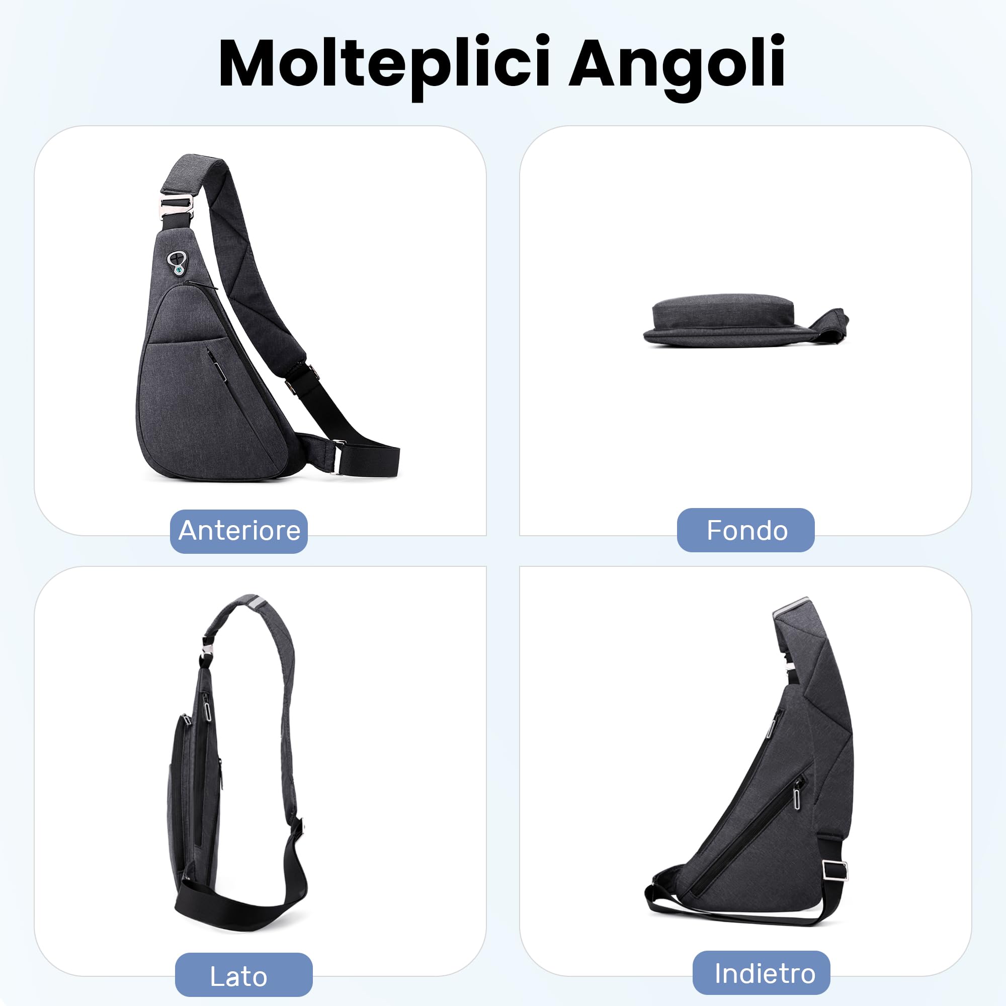Zaino Monospalla Uomo Sling Bag Zaino a Tracolla Piccolo Borse a Spalla Borse Petto Antifurto Borsa Crossbody Sport Ciclismo Viaggio Impermeabil Poliestere Spalla Destra Nera