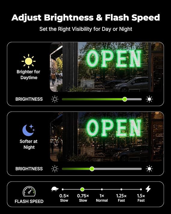 40 x 12 Inch LED Open Sign for Business - Timer via BT APP & Remote Control, Ultra Bright Large Open Sign with 14 Flash Modes, 6 Dimming Levels & 6 Speed Control for Salon Cafe Restaurant(Green & White)