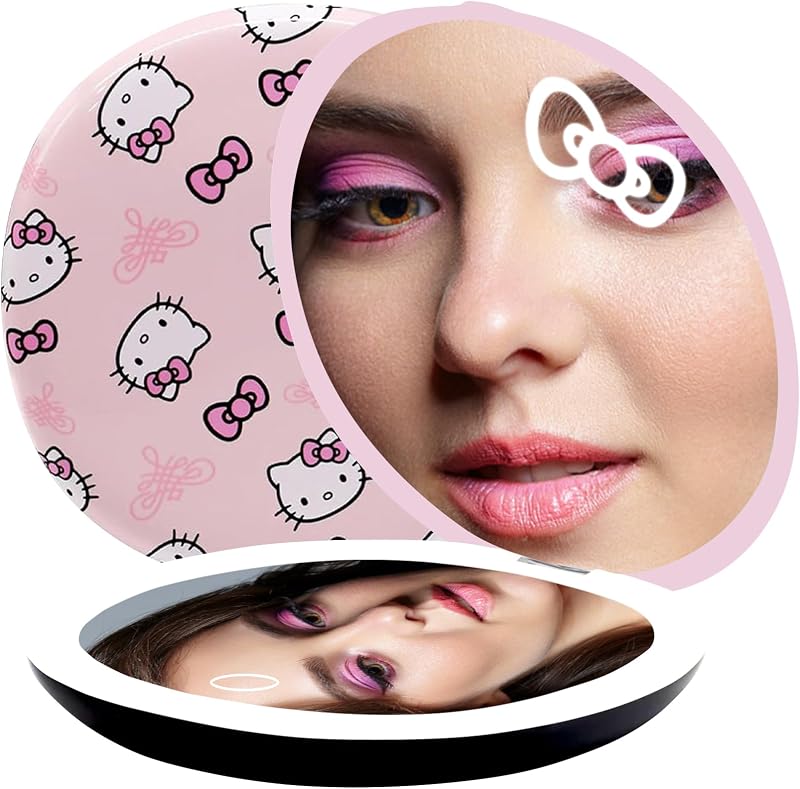 Impressions Vanity Hello Kitty Supercute Signature Compact Mirror with Light, Travel Makeup Mirror with 3X Magnification and Daylight LED Lighting and Adjustable Brightness (Pink)