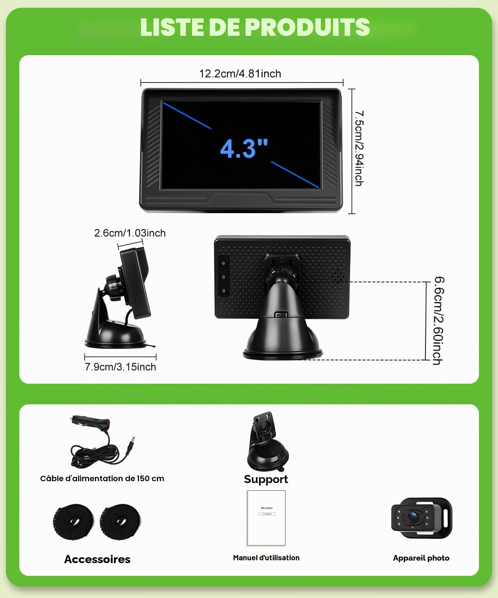 VECHTEL Caméra de Surveillance pour bébé HD,écran 4,3 Pouces avec caméra de siège arrière, Prise Allume-Cigare, rétroviseur de sécurité Rotatif à 360° pour sièges bébé orientés vers l'arrière