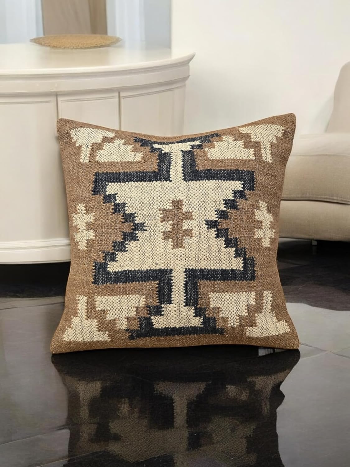 Indian Throw Pillow Cover Jute Wool Kilim Cushion Cover 18x18 inch Handwoven Tribal Pillow Boho Rustic Decor for Sofa Chair Bed Multicolor Vintage Throw Cushion Cover for Sofa(Pattern 05)