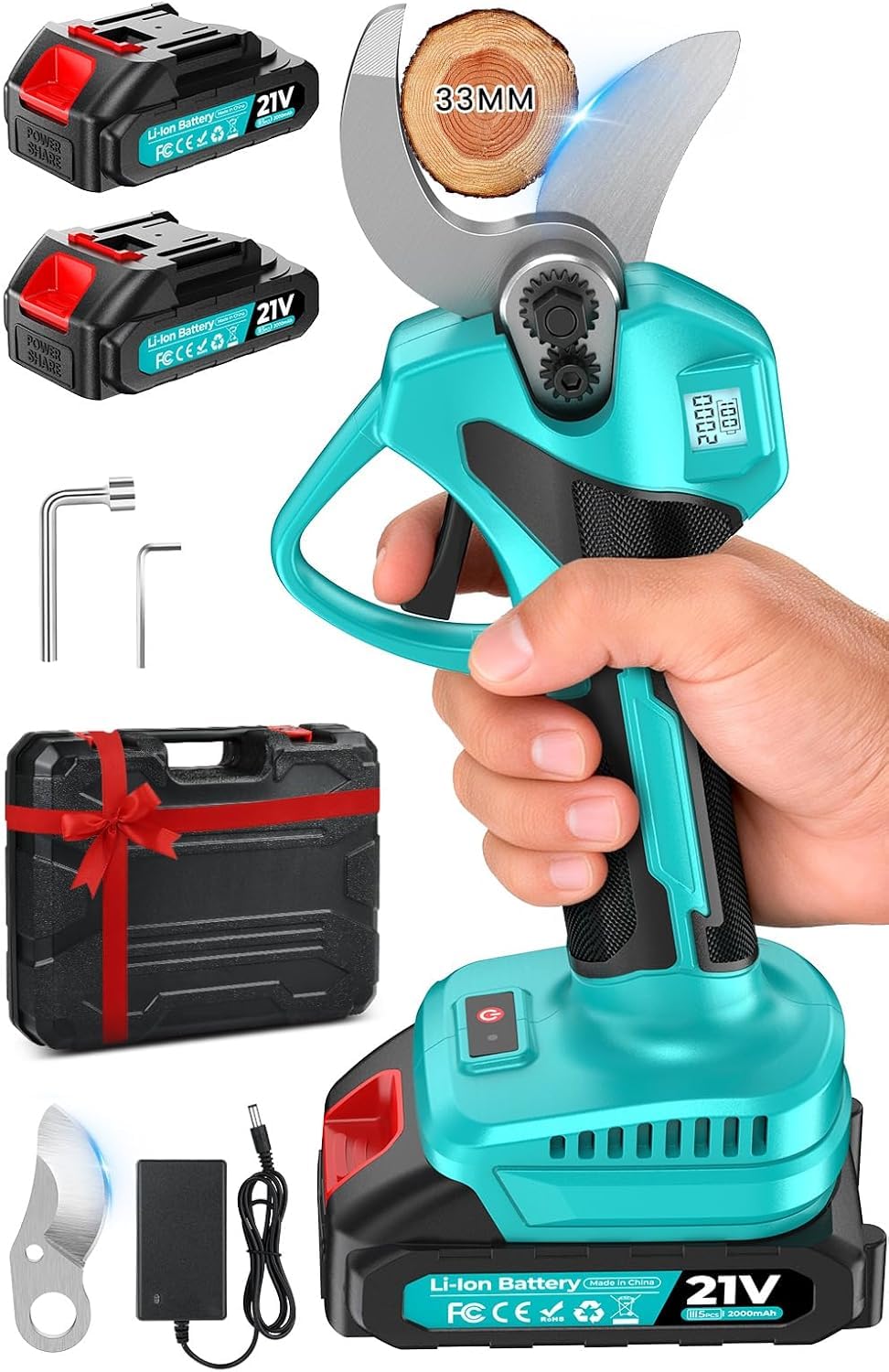 Tijeras de Podar Eléctricas, 21V Motor Sin Escobillas,33mm Tijeras de Podar Bateria con 2 x 2 Ah Baterías,Pantalla LCD y SK7 Cuchillas, Ligera Tijeras Podar para Jardinería, Árboles Frutales, Rosales