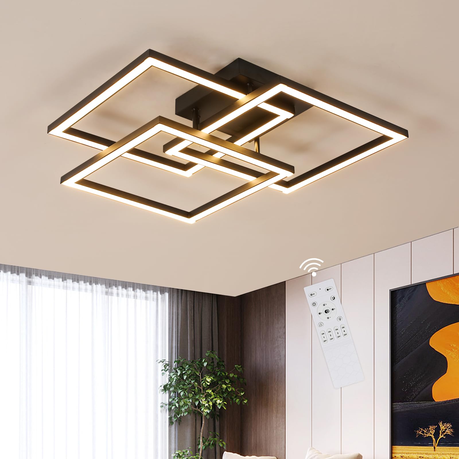 DELIPOP Dimmable LED Ceiling Light installed in a modern bedroom with a large window.