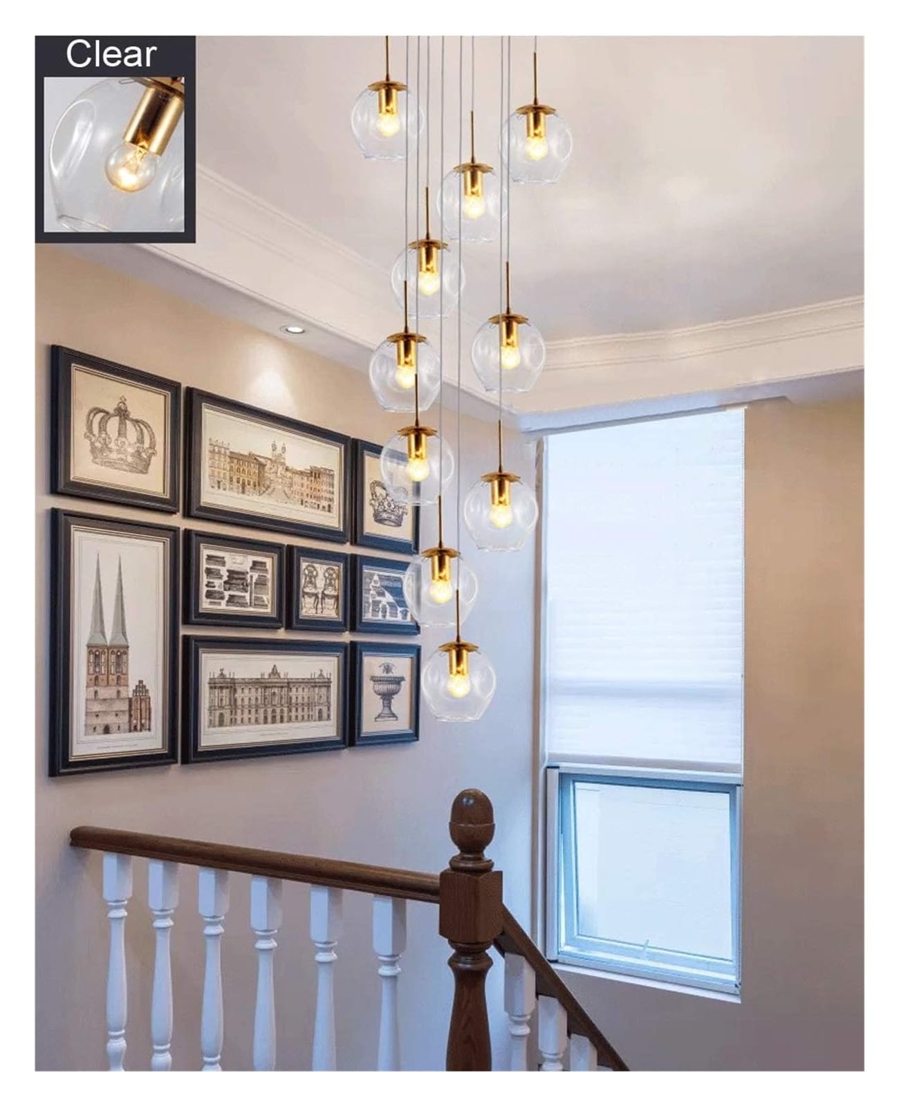 Lustre Suspendu Moderne à 10 Boules Bleu 40x200cm pour Grand Escalier