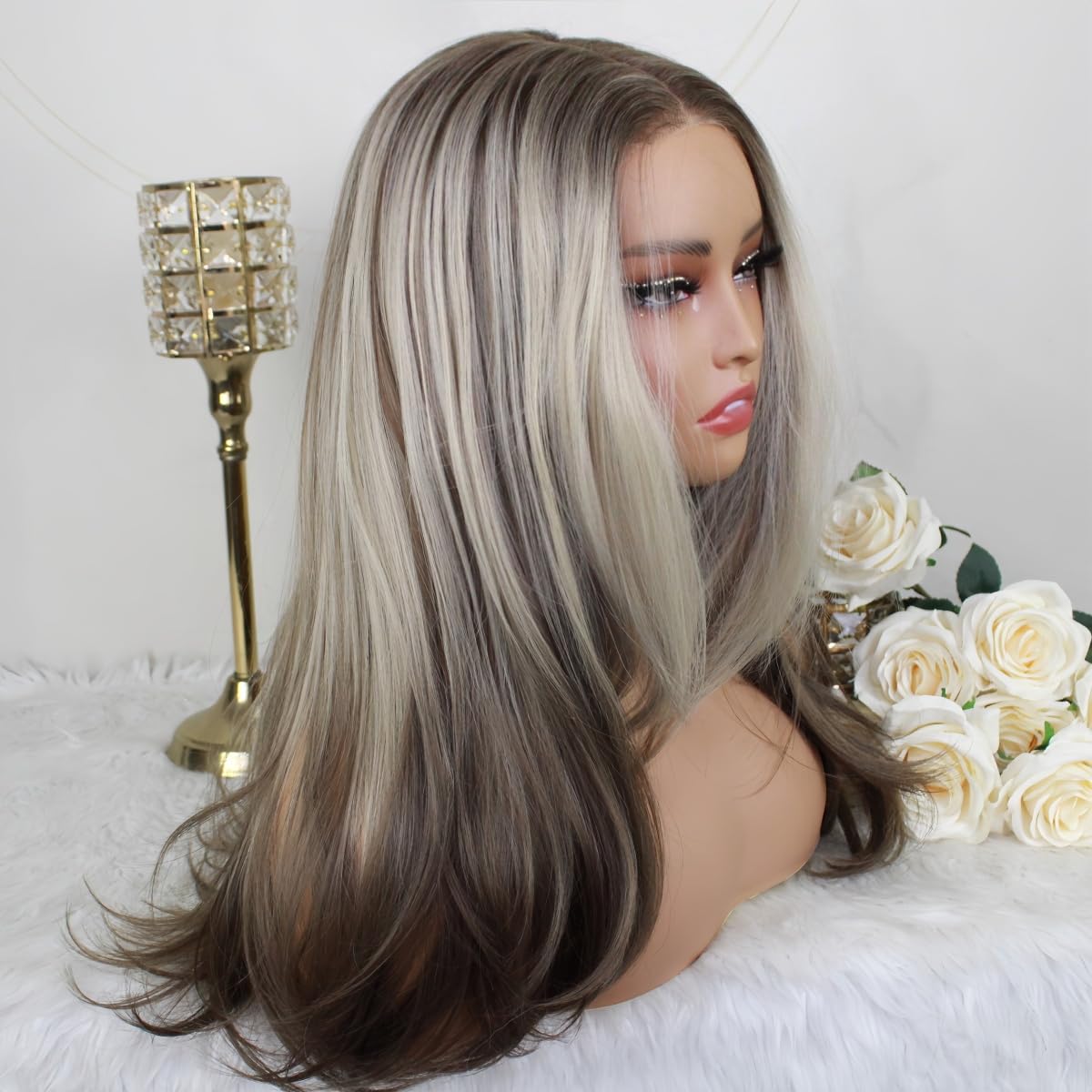Aisom Wear And Go Glueless Wig Ash Platinum Straight 18“ Highlight Wig Mixed Brown and Blonde Color Ombre Lace Front Wigs for Women Synthetic Wig